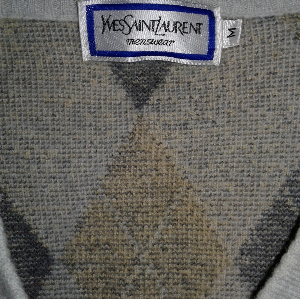 Yves Saint Laurent Argyle Sweater YSL Pullover merino wool jumper V neck men's M - Picture 6 of 7